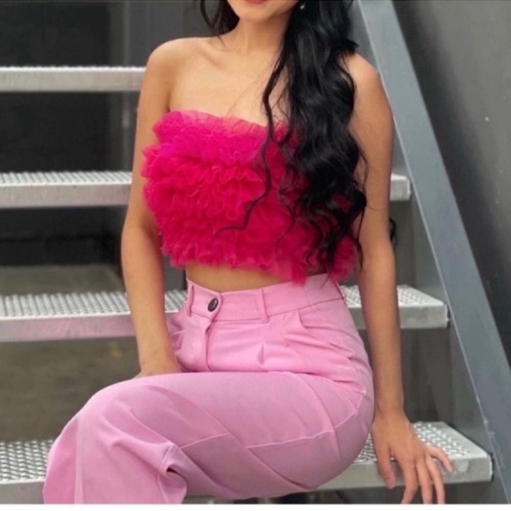 Zara Pink Fuchsia Tulle Strapless Knit Top Tank Size XS